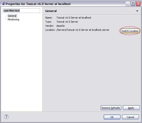 Eclipse WTP - Server Properties - Switch Location 1